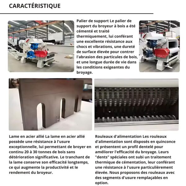 Présentation des caractéristiques techniques du broyeur à bois industriel, notamment le palier de support, la lame en acier allié et les rouleaux d'alimentation.